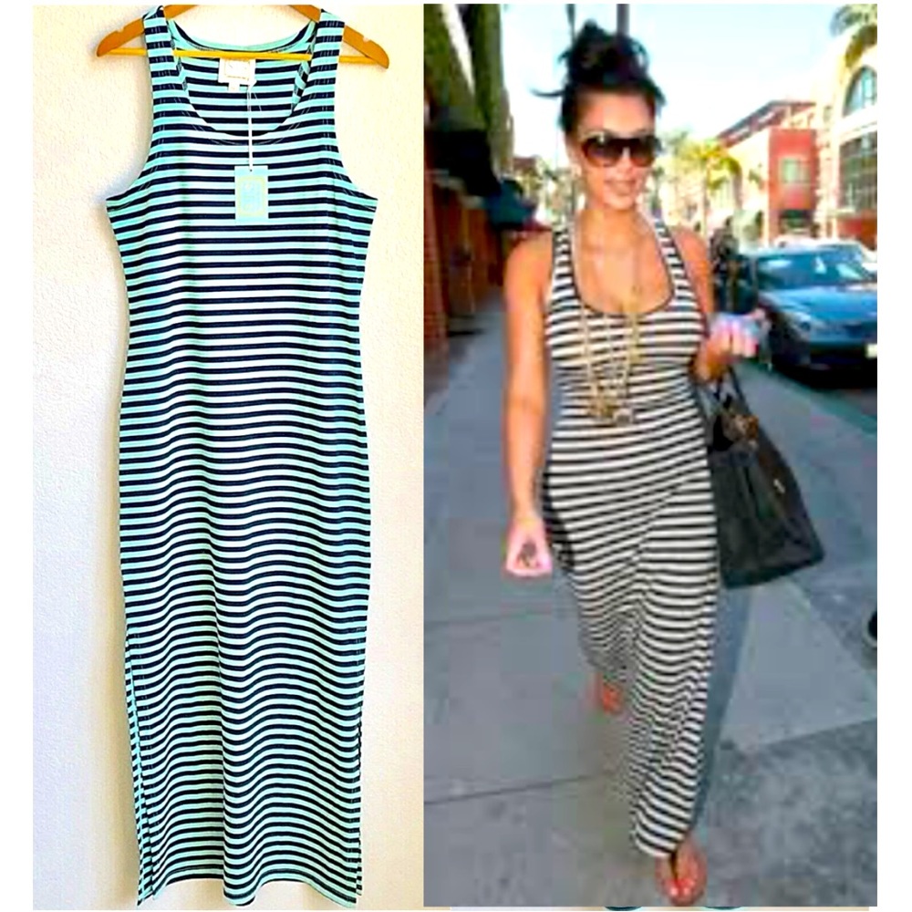 🆕 Sail to Sable Stripped Dress. Stretchy Fabric with Leg Slit Detail. NWOT
